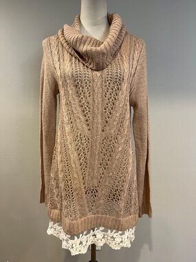 Vanity Cowl Neck Open-Knit Sweater Tunic in Blush size large‎